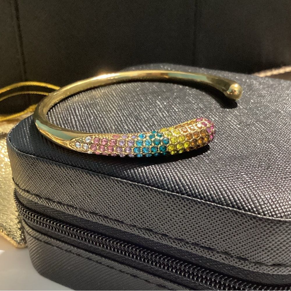 Gold Rainbow Pavé Crystal Open Cuff Bangle Bracelet